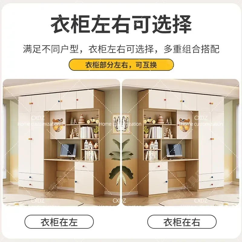 Solid Wood Desk with Wardrobe and Bookshelf Integrated Computer Table for Bedroom Home Office Study Room Furniture Storage