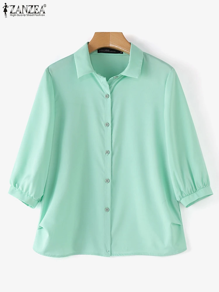 ZANZEA Elegant Women Shirts 2024 Summer 3/4 Sleeve Solid Color Casual Blouses Korean Fashion Button Up Gentle Ladies Camisas