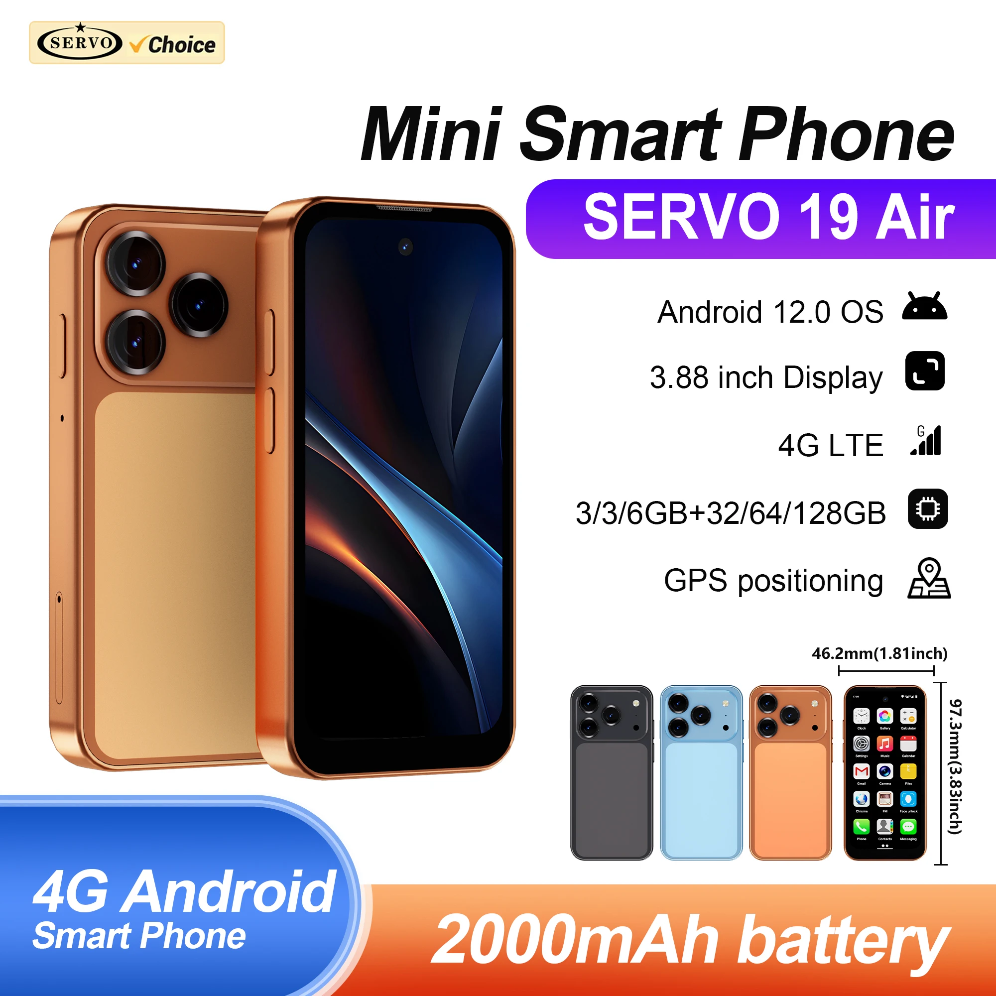 SERVO 19Air Android Mini Smartphone 4G LTE 6GB+128GB Google Play WiFi Hotspot Dual SIM Standby 3.88