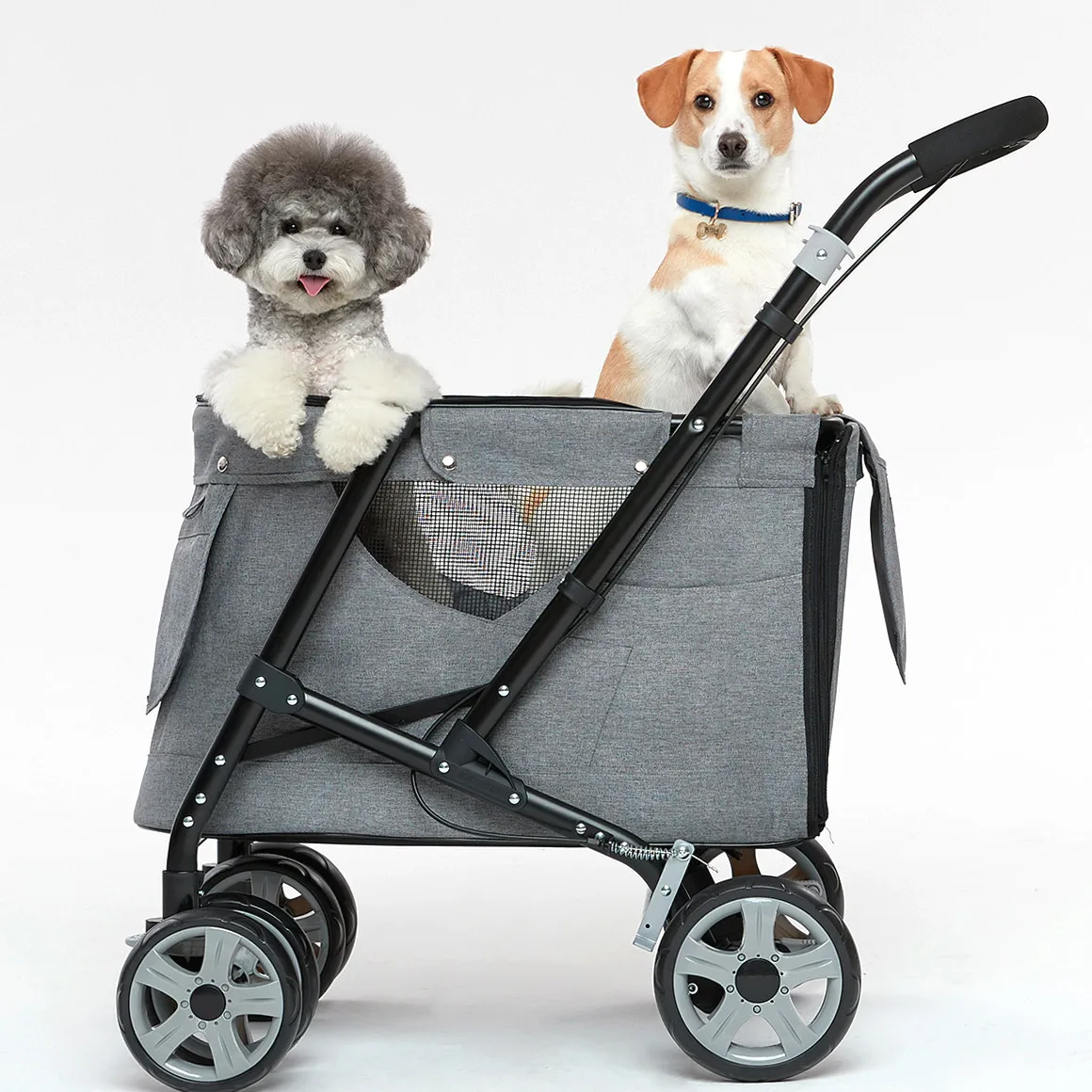Collapsible Multi-Pet Stroller, Sun Shade Canopy, Wheeled Outdoor Travel Cart For Dogs