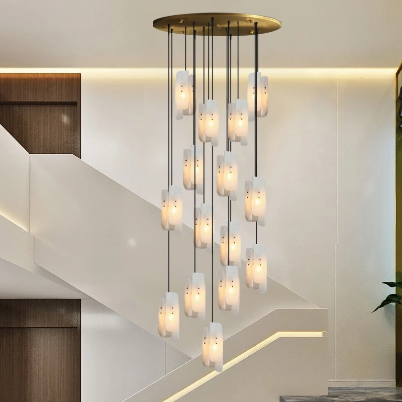 

Modern LED Brass Lustre Marble Ceiling Chandelier for Stairwell, Dining Room Decoration, Dimmable Pendant Lights