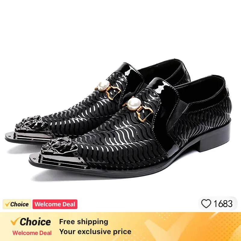 Zapatos de punta puntiaguda de Metal para hombre, calzado de vestir de caballero negro, diseño de cristal de retazos, fiesta de boda, marca personalizada, talla grande