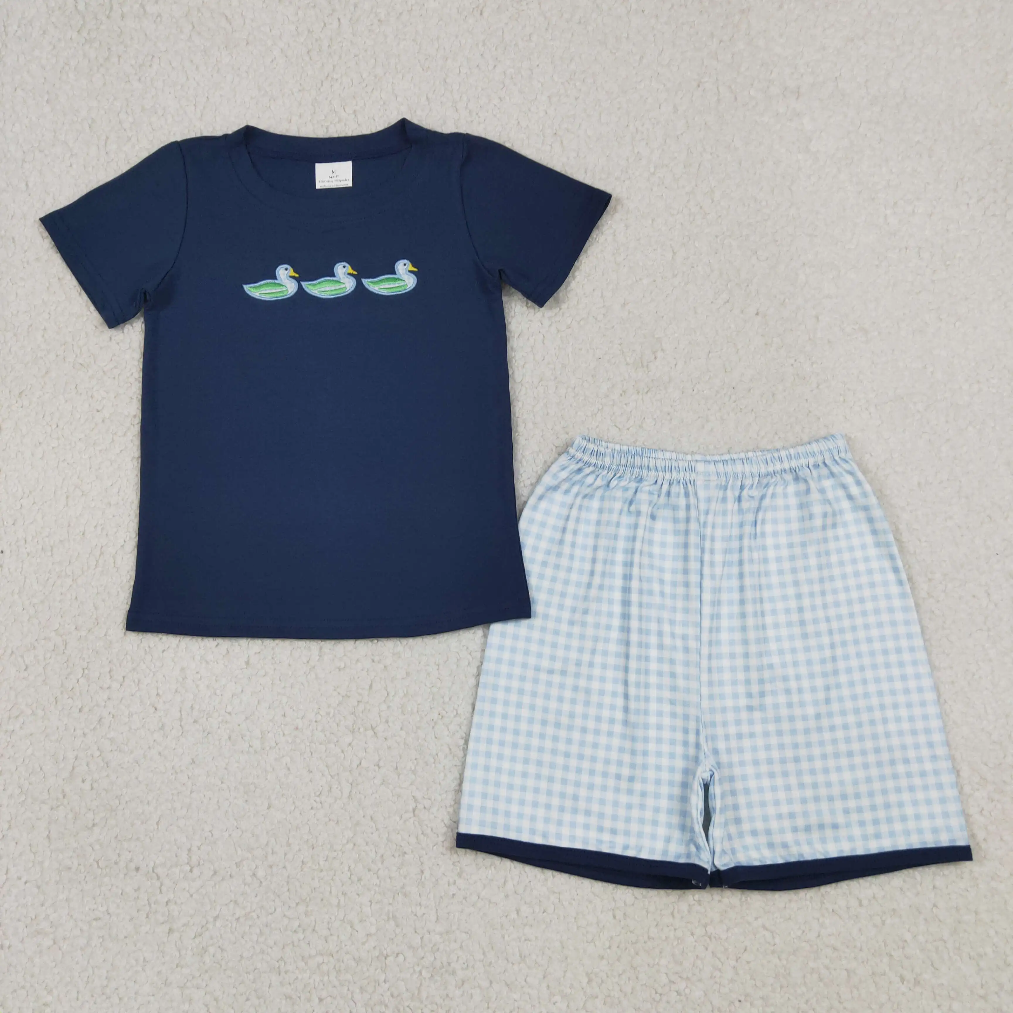 Wholesale Baby Boy Short Sleeves Embroidery Ducks Shirt Tee Children Kids Set Plaid Shorts Boys Toddler Blue Outfit Clothes