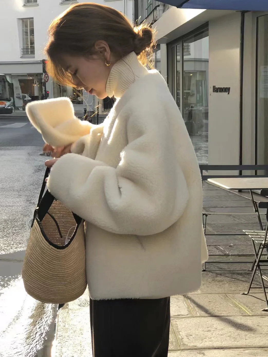 معطف فرو خروف دافئ رائع للنساء طقم ملابس شتوية أنيقة مع وشاح كوري فضفاض مناسب بسحاب للإغلاق #5