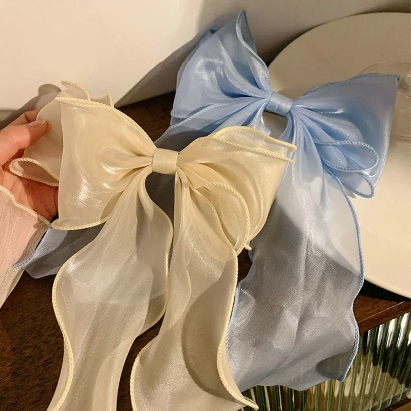 Neue Damen-Haarspange im französischen Stil, süß, rosa-lila, aus Chiffon, mit Schleife und Band, für Freundin, Pferdeschwanz-Clip, Haaraccessoire, Geschenk – Detail 6