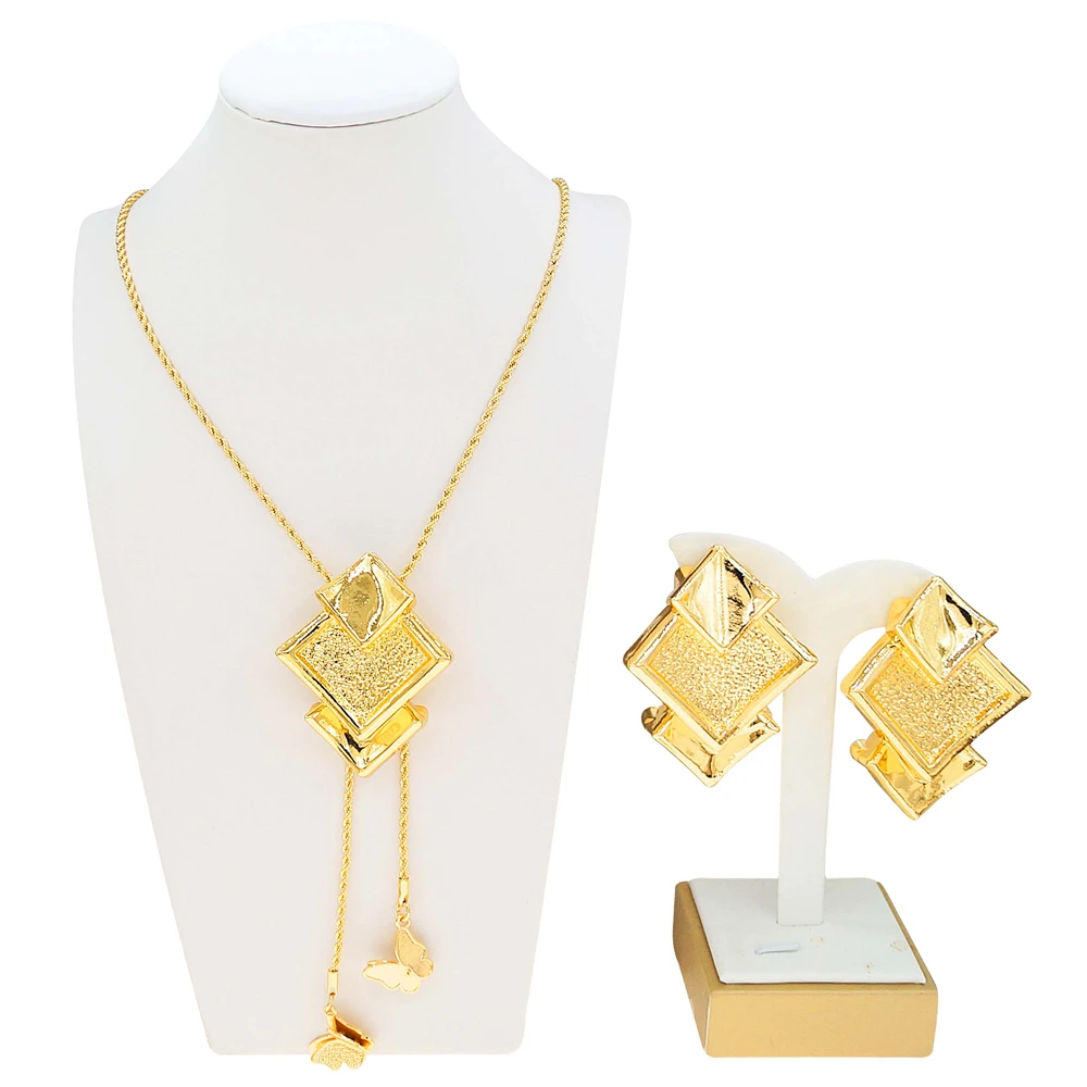 

Lightweight long chain women's gold plated jewelry set earrings bracelet ring Dubai African wedding jewelry