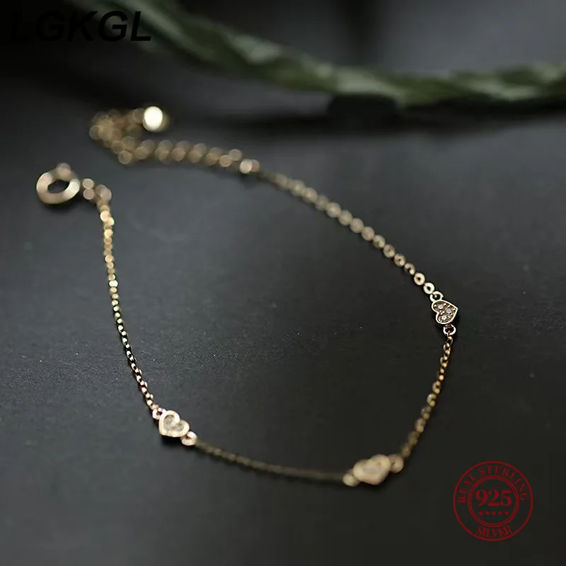 LGKGL S925 Silver Plated 14K Gold Ultra-Shiny Thin Bracelet Women's Three Small Heart Simple Versatile INS Fresh Gift
