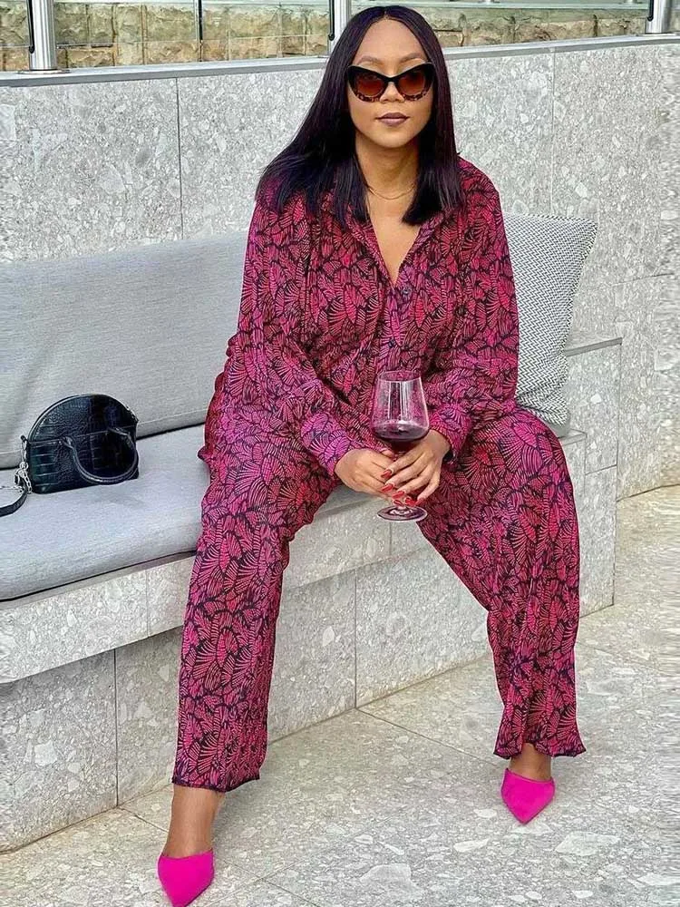 Casual Vacation Outfits Woman Spring Summer Printed Loose Fit Shirt Matching Ladies Pants Set African Fashion Women Clothes view 3