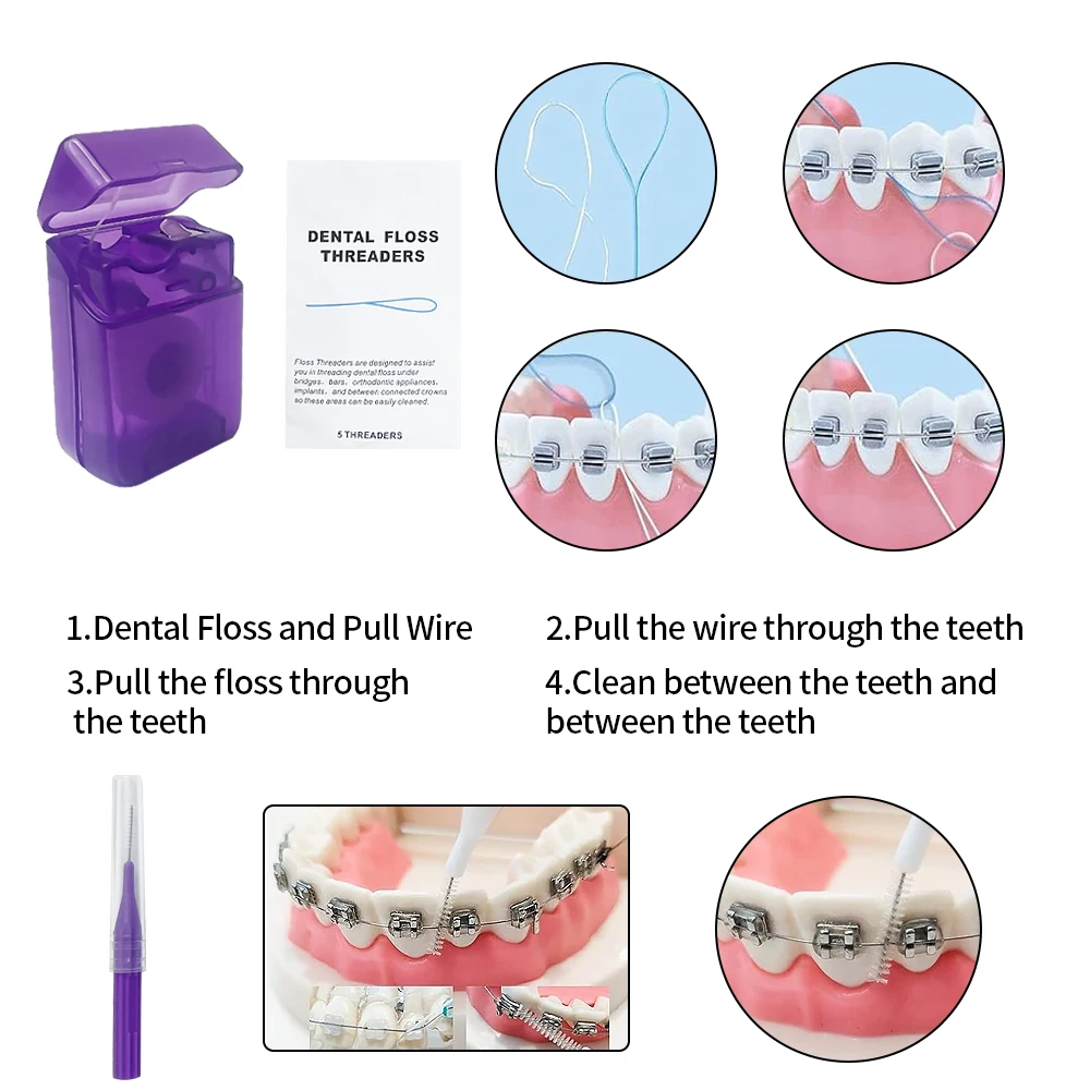 8 pz/set Dentale Ortodontico Kit di Pulizia Per Filo Interdentale Filo di Cera Pieghevole Spazzolino Da Denti Igiene Orale Kit di Pulizia Da Viaggio Kit Dentale