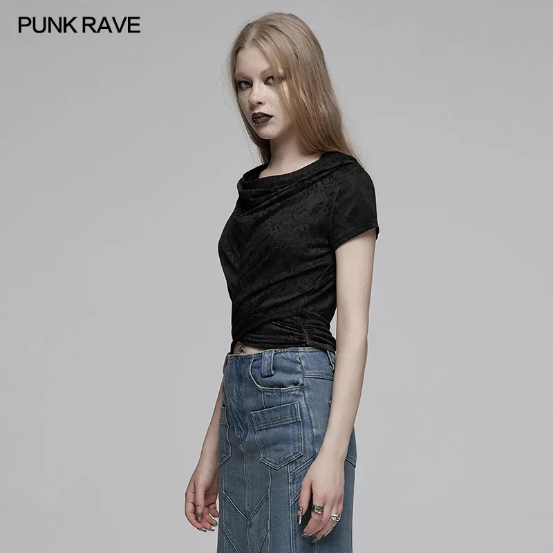 PUNK RAVE Women's Daily Swing Collar Hooded Short Sleeves T-shirt Gothic Abstract Floral Pattern Burnt Casual Black Tops