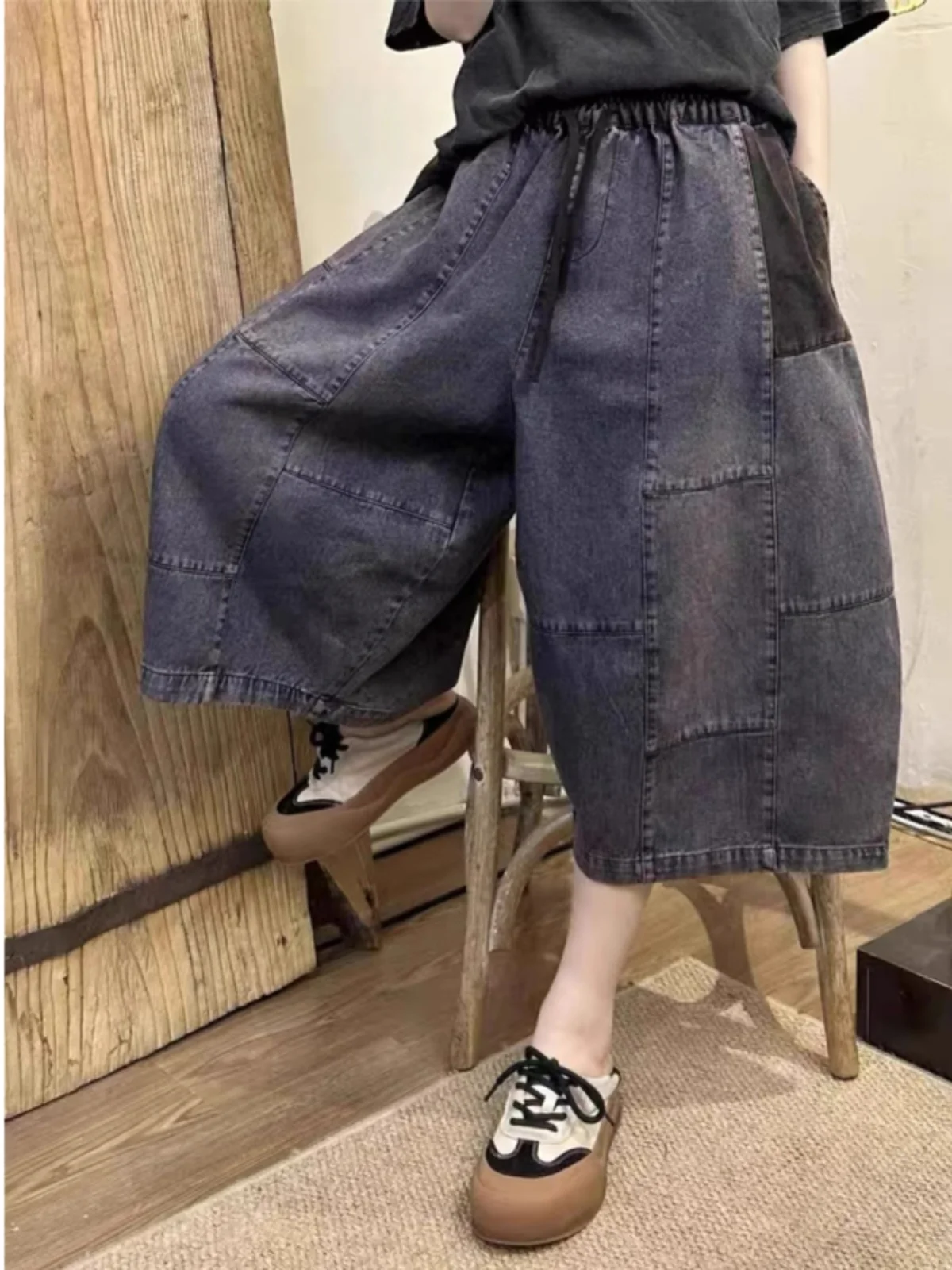 Retro Sle Casual kleur Blo Distred Denim Jeans Hoge taille Wijde pijpen Zeven voet broek Afslankeffect het hele seizoen