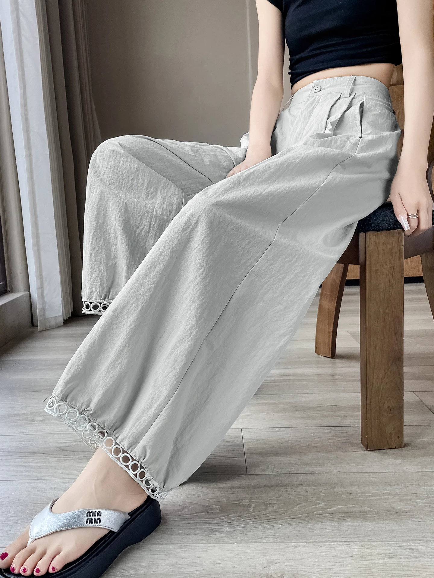 Gray Ice Silk Cotton Linen Wide Leg Pants Women Summer Small Size Loose Slimming Drape Sun Protection Nine Points Harlan Lant...