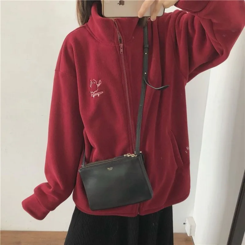 Autumn Winter Fleece Zipper Sweatshirt Jacket Women Clothing Embroidery Coats Warm Long Sleeve Cardigan Sport Outdoor Sweatshirt