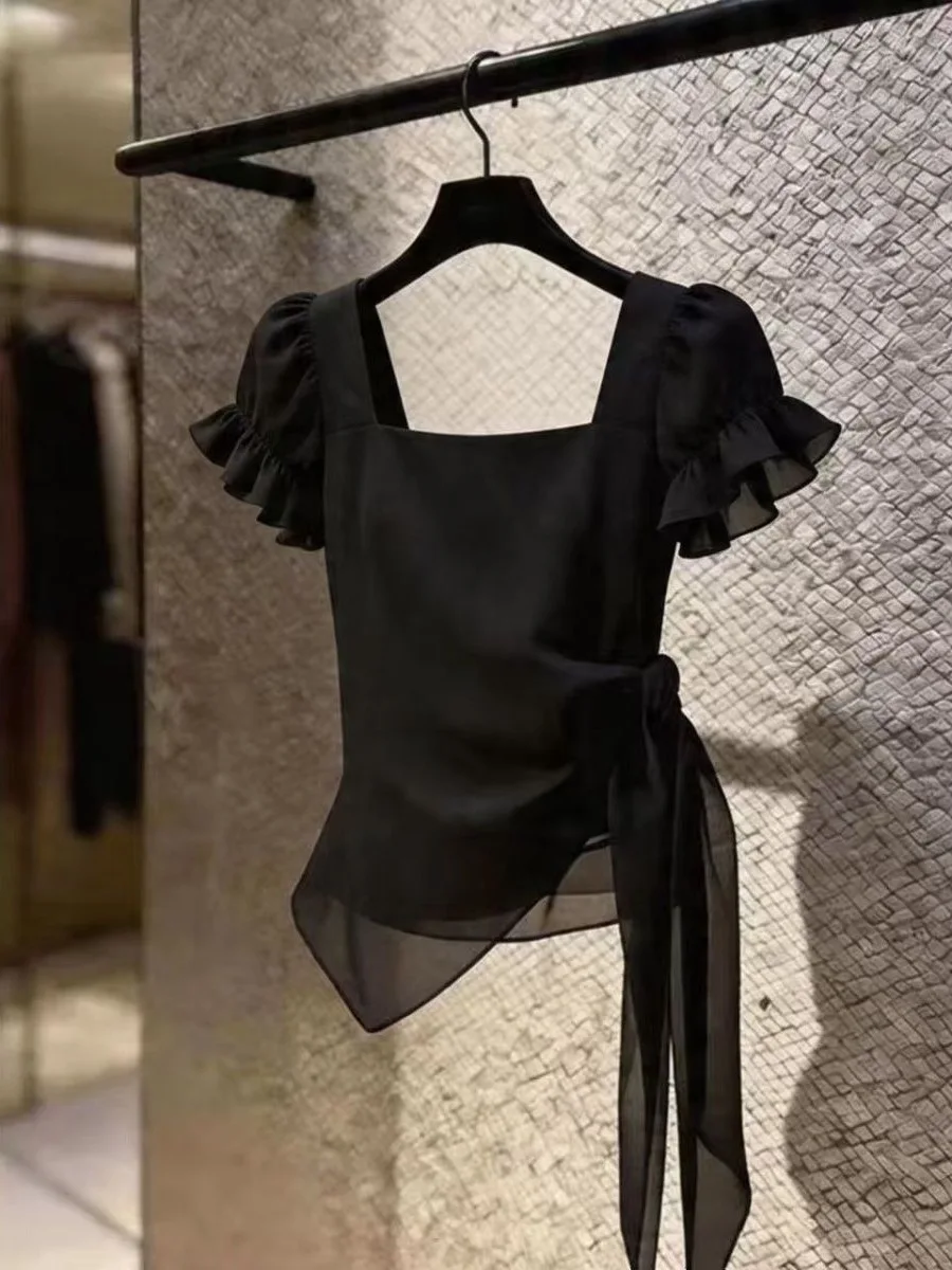 

Elegant Black Bow-Tie Blouse Unique Beautiful Summer Design Fashionable Women's Shirt Commute Style Breathable Polyester