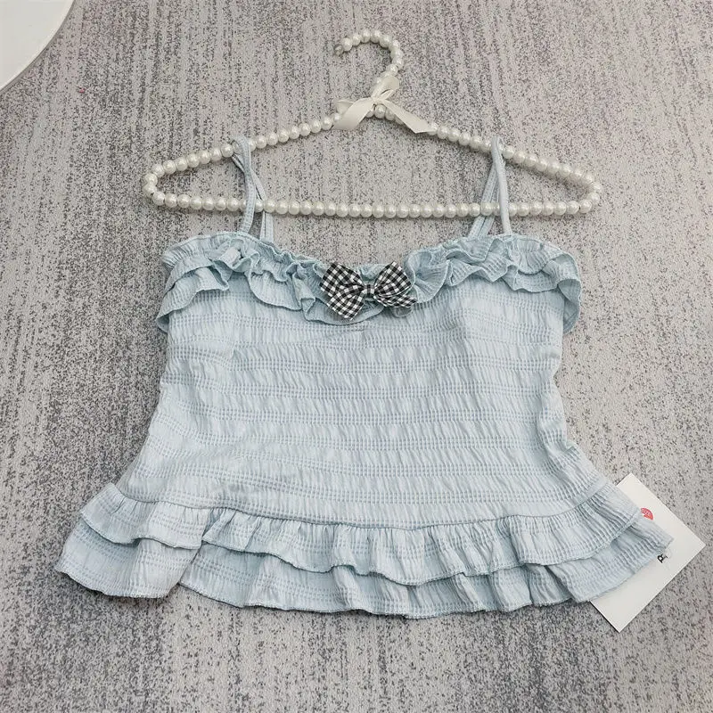 Sweet Camisole Women Ins Summer Y2k Preppy Ruffles Teens Crop Tops Hot Sale Party All-match Popular Pure Clothes Slim Stylish