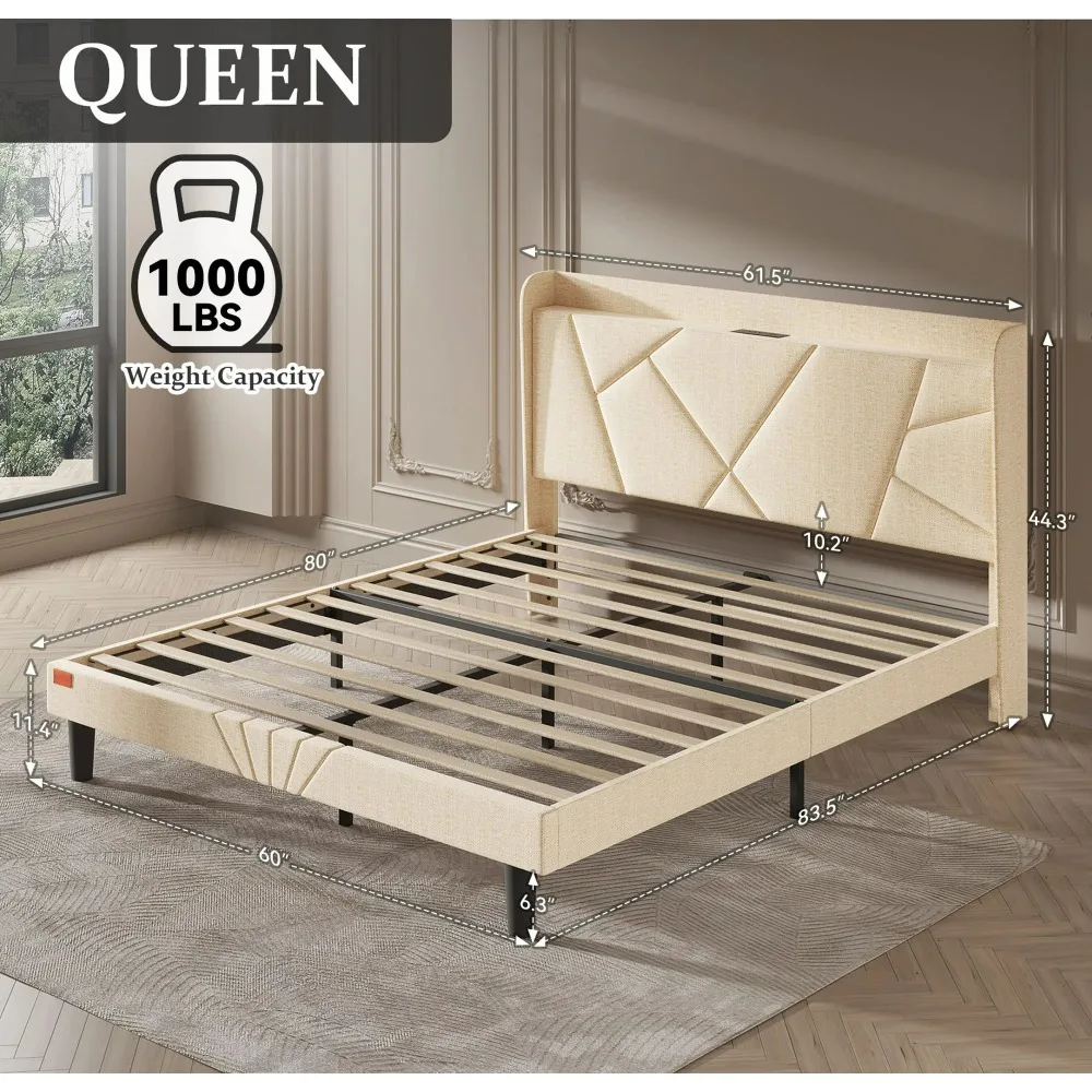Queen Bed Frame with Charging Station, Upholstered Platform Bed with Wingback Storage Headboard, Beige image 5