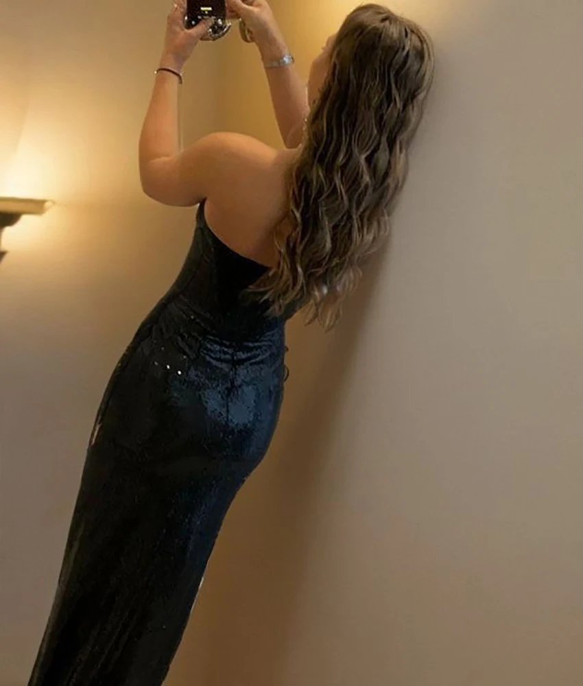 Vestido de noche recto con lentejuelas sexy personalizado, delicado, sin mangas, sin tirantes, hasta el suelo, فستانmavera