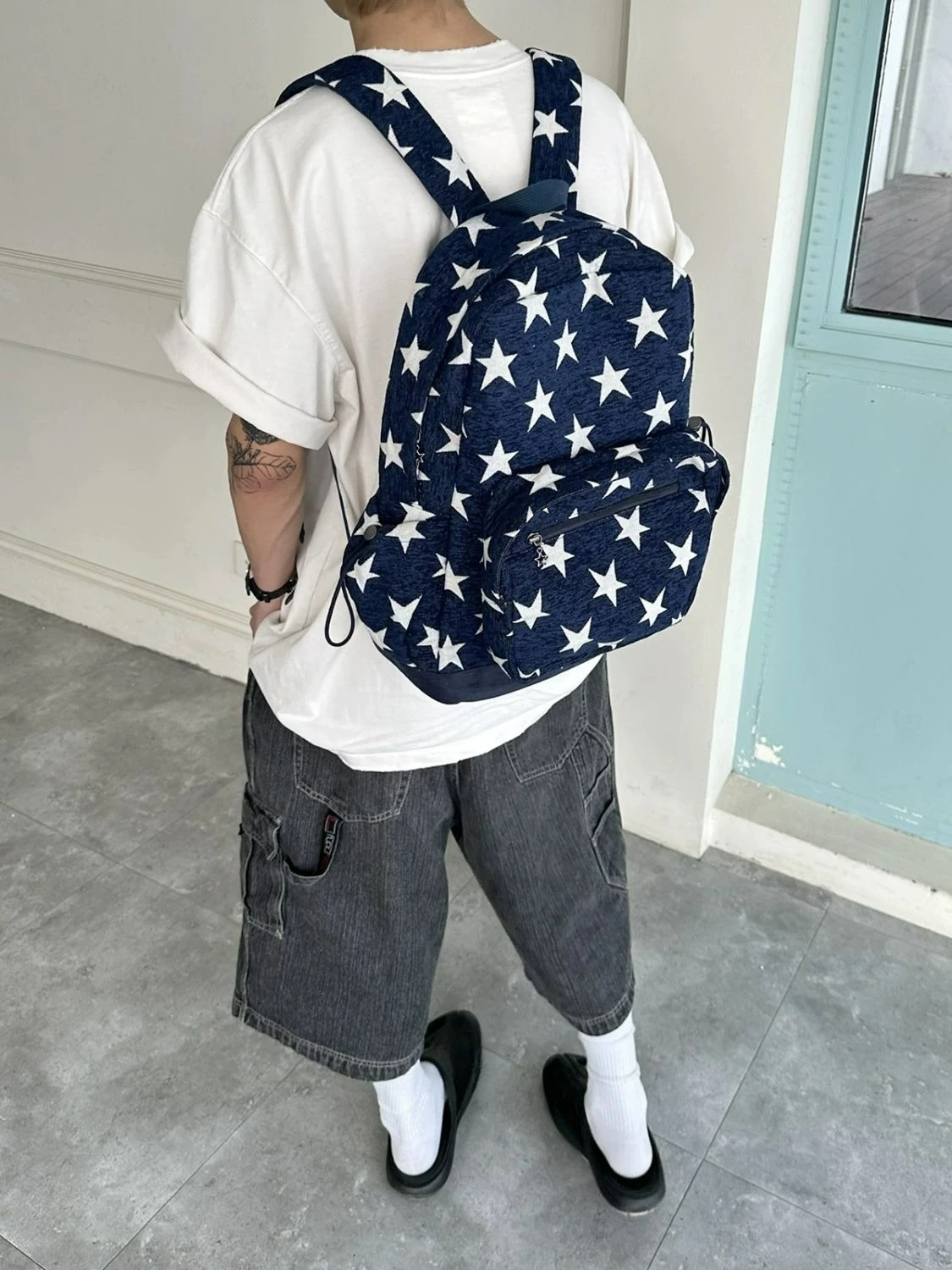 

Замшевые универсальные рюкзаки большой вместимости в джинсовую полоску со звездами Рюкзак для сращивания