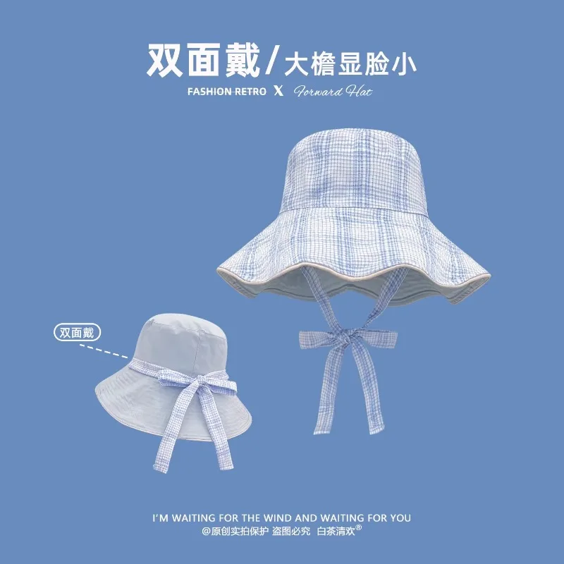 

Korean Fresh Color Matching Plaid Double-sided Big-brimmed Bucket Hats for Women Spring and Summer Travel Versatile Sun Hat
