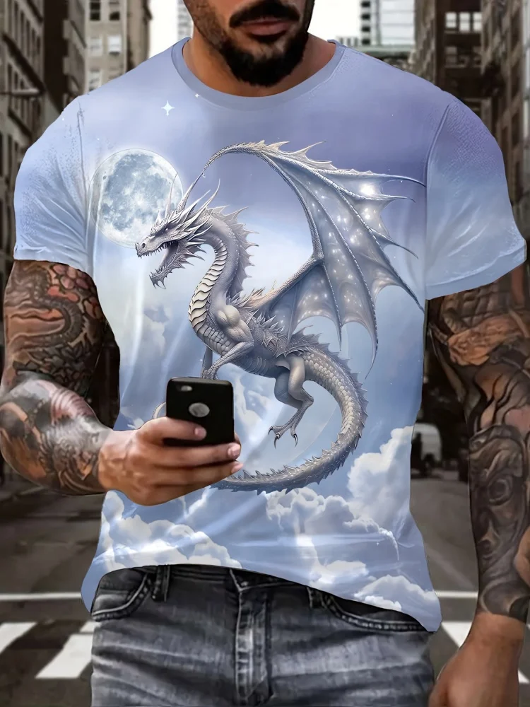 3D Dragon Print Men\'s T-Shirts Casual O Neck Pullover Street Outdoor Short Sleeve Tops Tee Outdoor Sportshirt Oversized Clothing