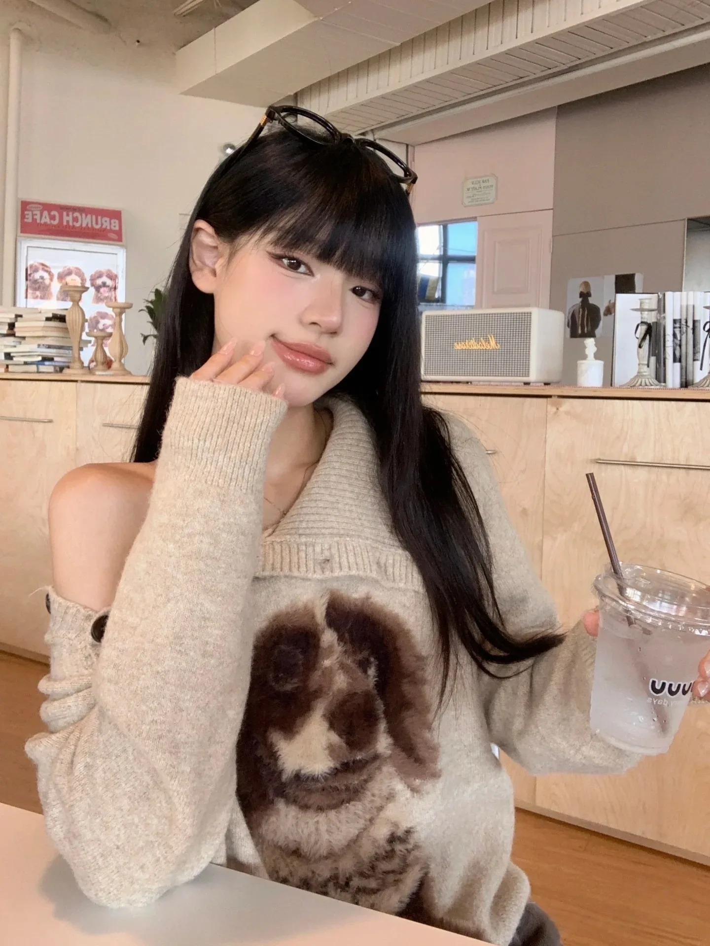 لطيف الكلب طباعة عالية الياقة فضفاضة المرأة سترة الخريف الشتاء جديد Sle oulder عارية شيك تصميم الحلو Sle القطن طويل S...