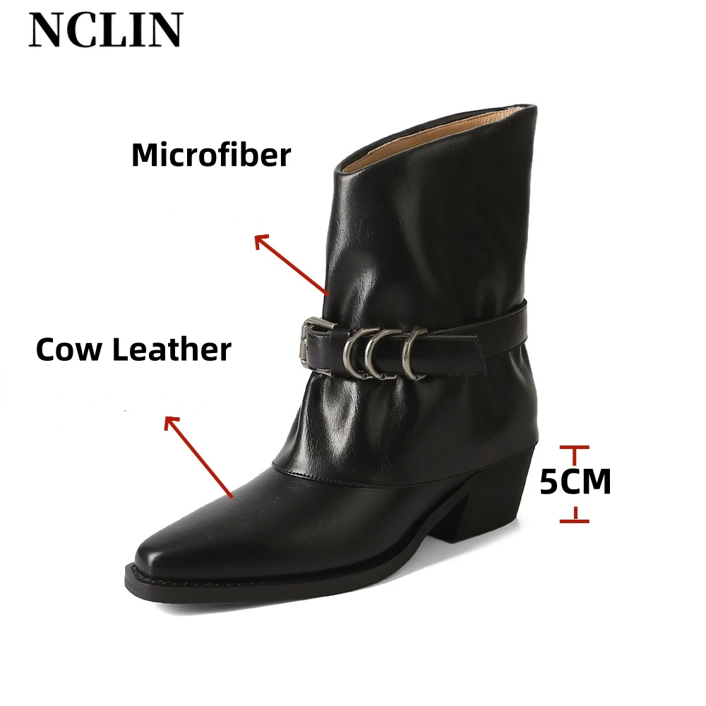 NCLIN-Botas de piel auténtica para mujer, botines de media caña, cálidos, de caballero, con punta estrecha, para motocicleta, otoño e invierno, 2024