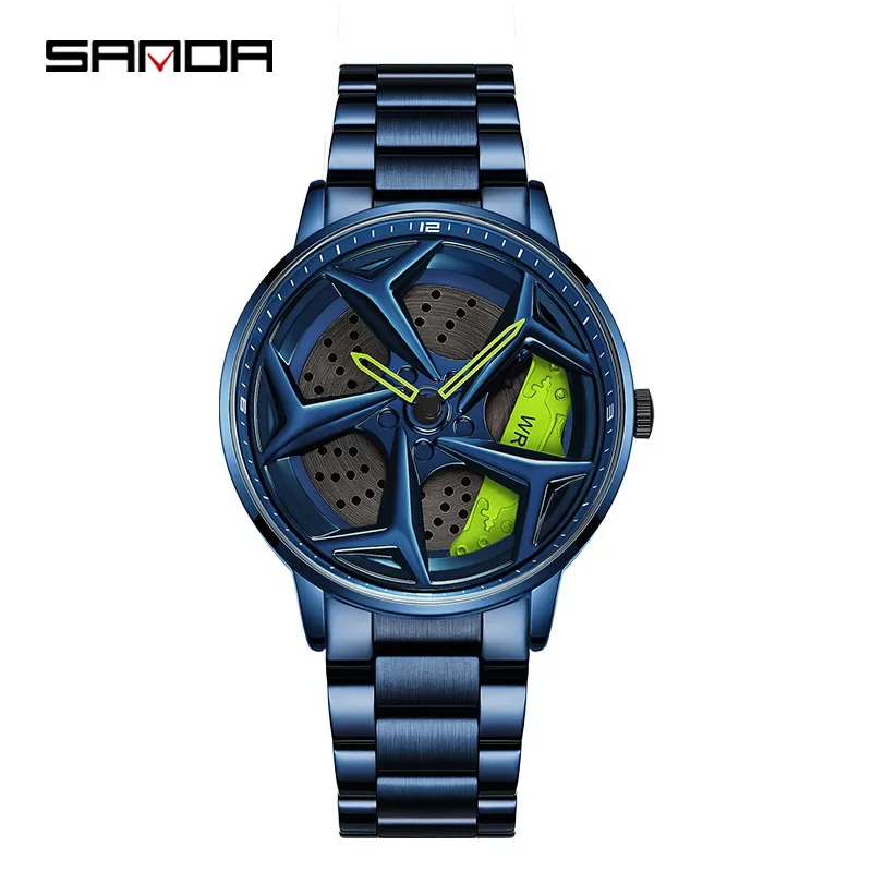 SANDA 1087 Men\'s Quartz Watch Fashion Green Rotating Car Wheel Dial Design Dial Waterproof Stainless Steel Male Wrist Watches