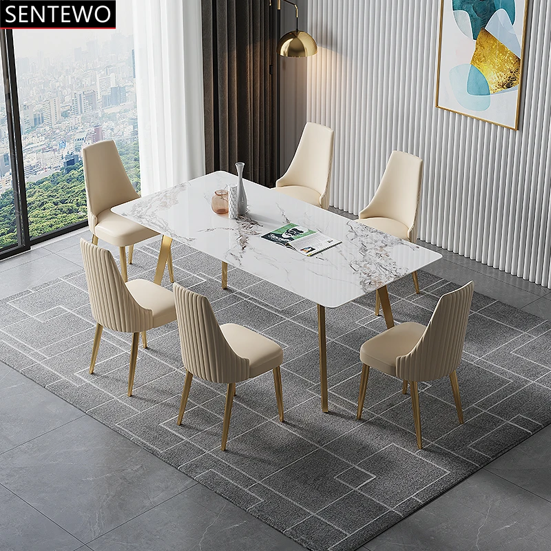 Ltalian Rock Slab dining room table dinning chair set Carbon Steel Base Faux Marble table home furniture comedores de 6 sillas