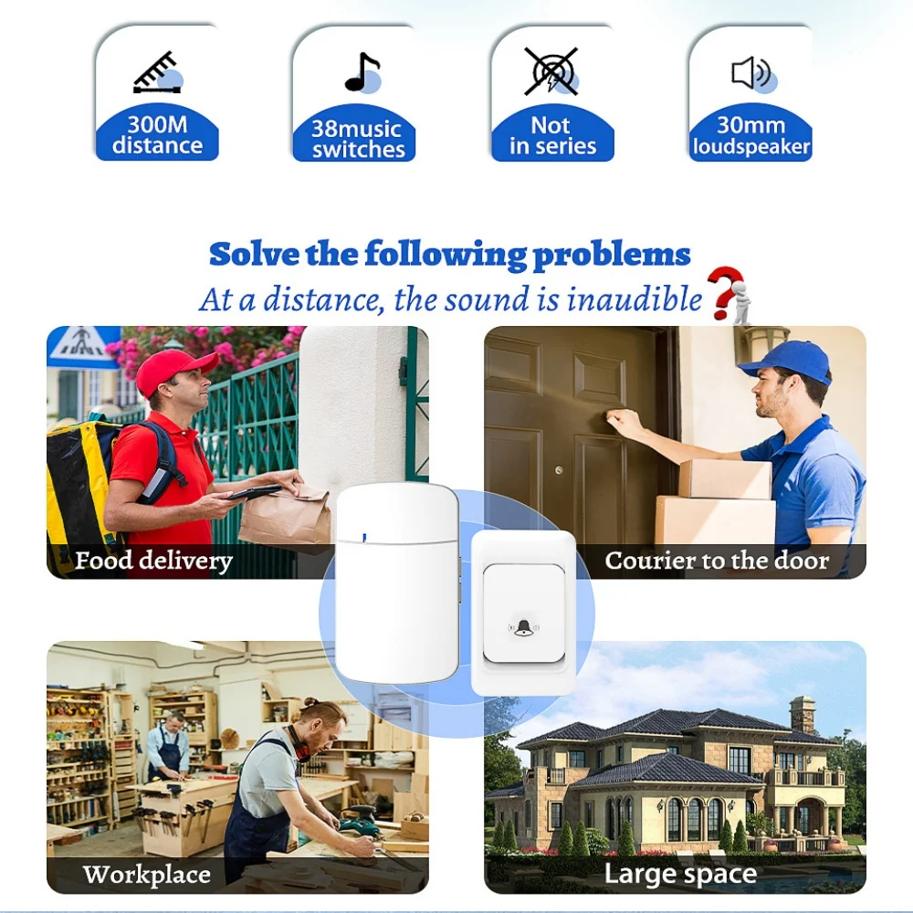 Outdoor Wireless Doorbell Waterproof House Chime Kit 300M Remote EU US Plug Home Remote Welcome Door Bell Calls 38 Ringtones New