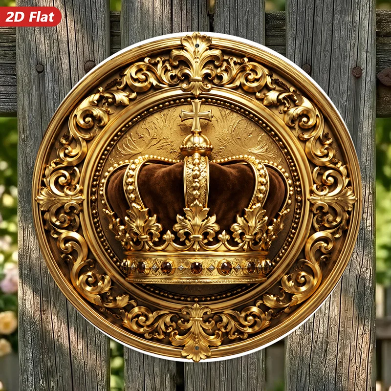 Royal Gold Crown 2D Flat Laser Cut Aluminum Wall Art Circular Metal Hanging Plaque, Powder-Coated Waterproof Rustproof Indoor