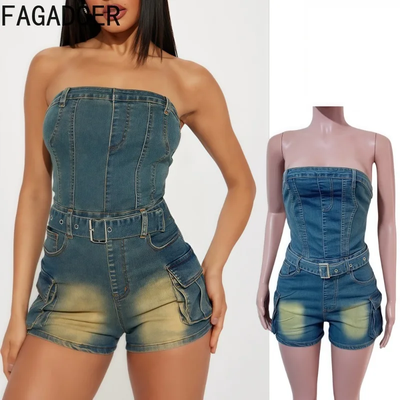 FAGADOER Retro Fashion Denim Bodycon Jumpsuit Women Sleeveless Backless Elasticity Washing Water Romper Female Overalls Summer