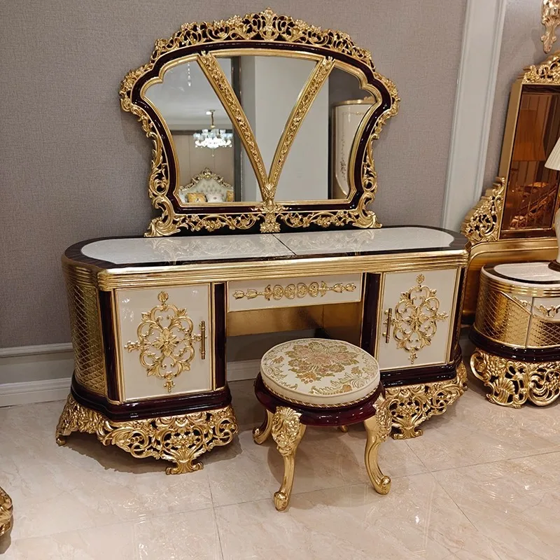 French court style dressing table and stool combination, all solid wood carving and painted gold foil villa luxury furniture