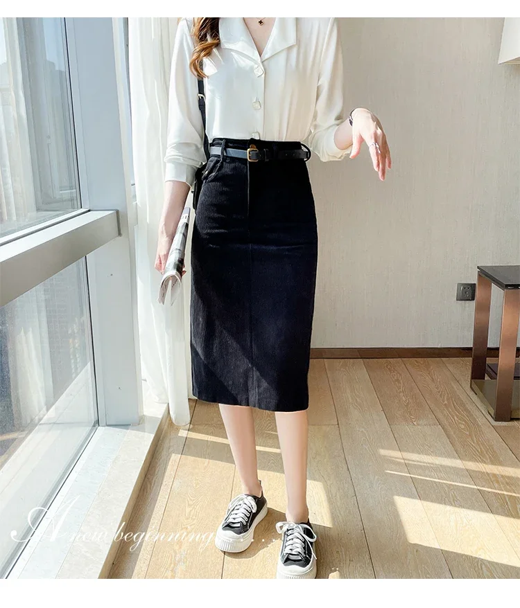 Office Lady Vintage Autumn Winter Corduroy Midi Skirt Woman Spring Fashion Casual Korean Fashion Clothing Female Cheap Wholesale