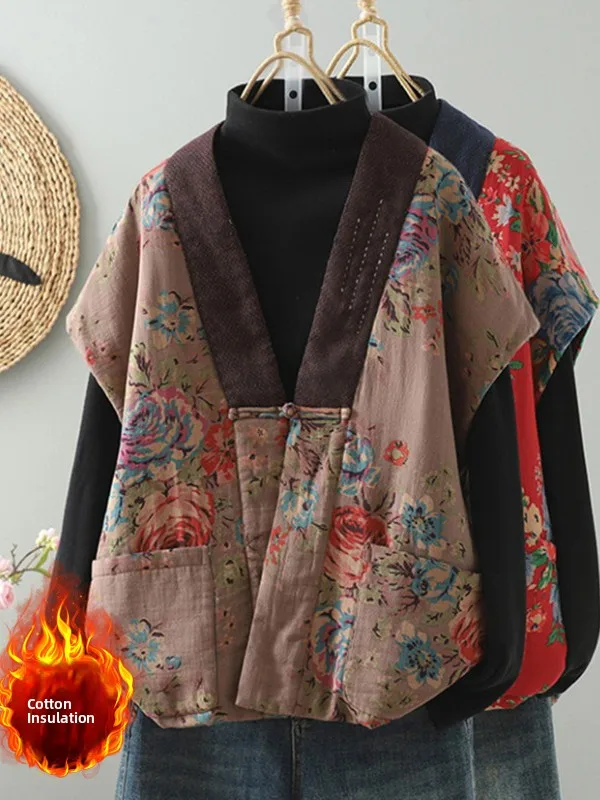 

Хлопковый жилет с цветочным принтом в стиле ретро, верхняя одежда, женская одежда большого размера, цвет Blo V-Ne Svel, на одной пуговице...