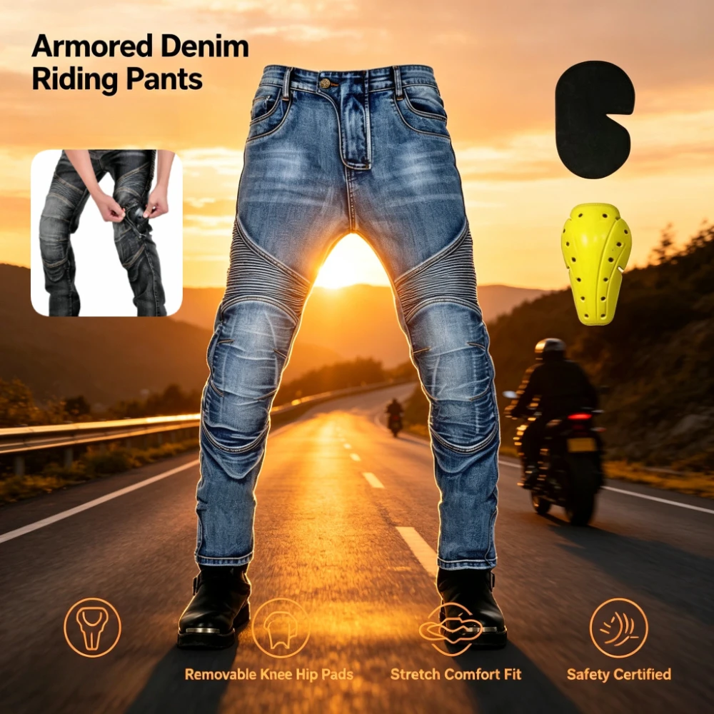 Motorcycle jeans retro casual drop-proof pants, elastic cycling pants Wear resistant and elastic tear-resistant locomotive pants