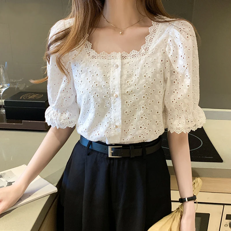 Korean Summer Tops 2023 Shirt Elegant Lace Shirt Women Square Collar Short Sleeve Hollow Out Vintage Elegant Blouse Blusas 13934