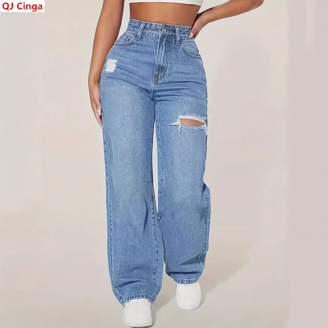 Women's Blue Ripped Jeans for Spring and Summer; Black Distressed Non-stretch Denim Pants with Frayed Hems for Fall.