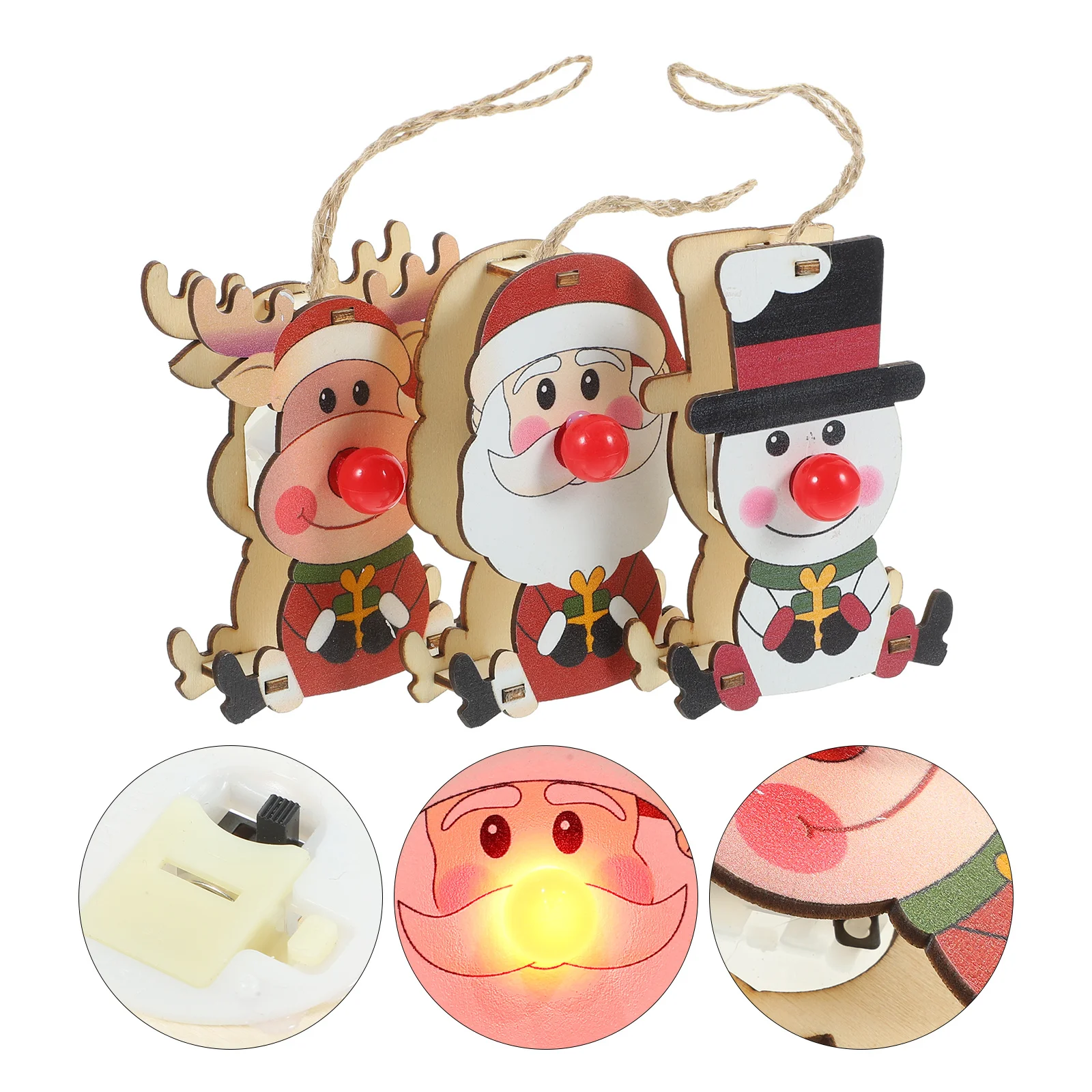 

3Pcs Glowing Red Nose Reindeer Christmas Pendant Snowman Santa Claus Hanging Xmas Tree Ornament Festive Home Party Decor