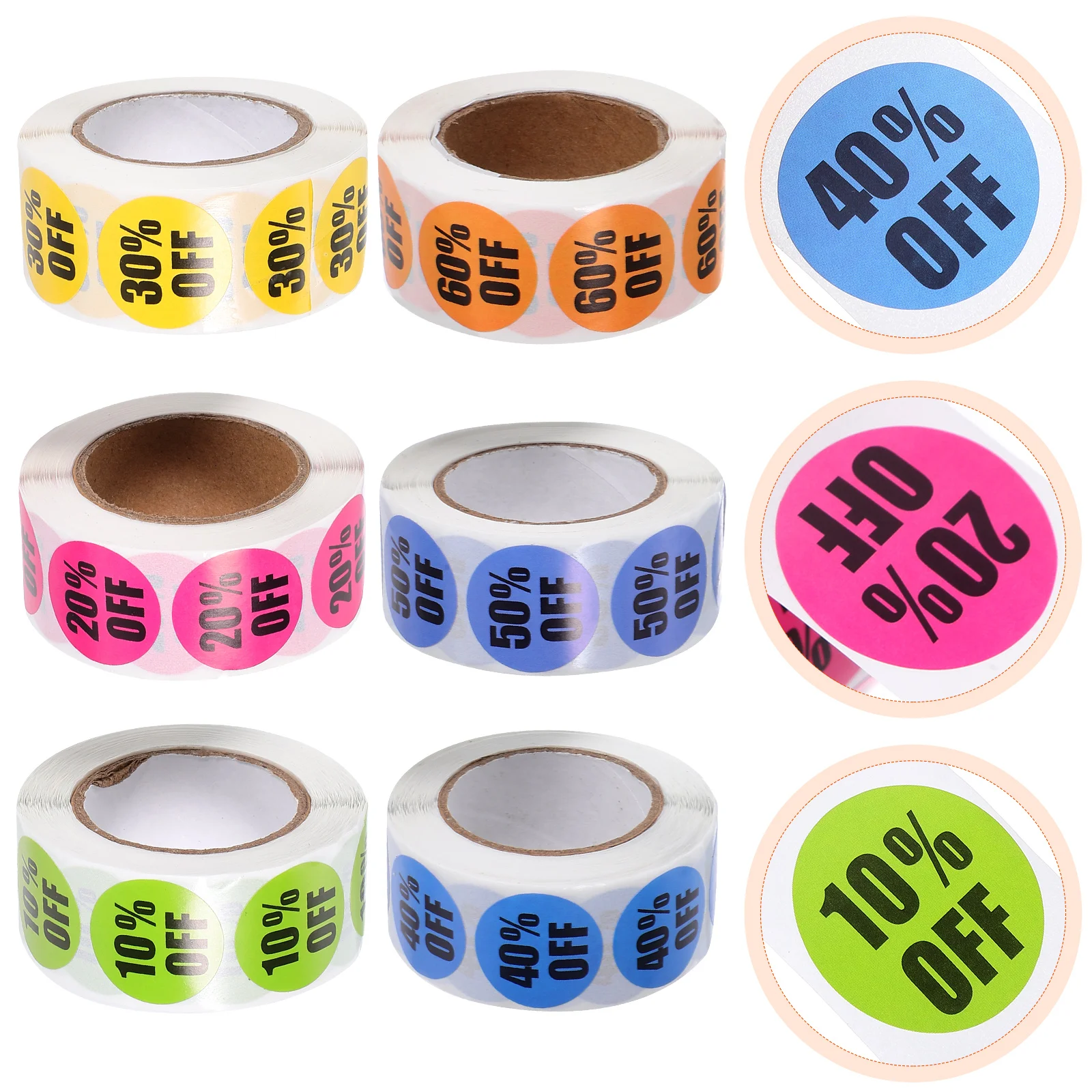 

6 Rolls Round Stickers Price Tag Adhesive Discount Tags for Retail Store Coated Paper Percent off Label Labels