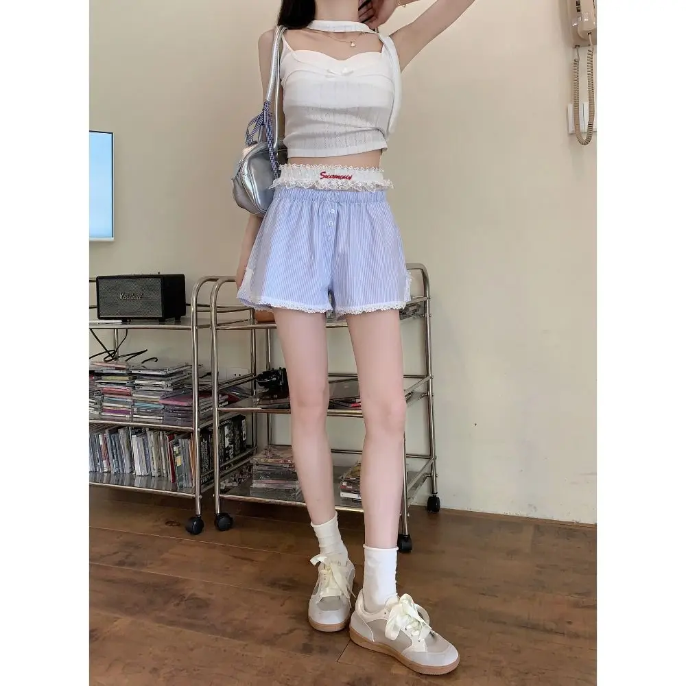 Cute Summer Striped Shorts Button Blue Pink Embroidered Lace Shorts Lolita Lace Leggings For Women Girl