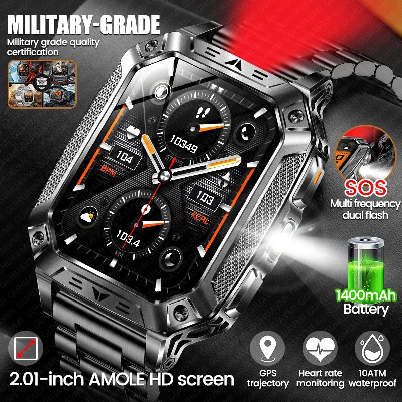 

New Military Men 1400mAh Battery Smart Watch GPS Flashlight SOS Dual Flash 10ATM Waterproof BT Call 2.01-inch AMOLED Smartwatch