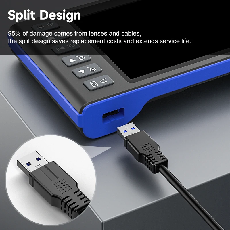 360 °   Câmera endoscópica industrial com rotação automática HD1080P, tela IPS de 7 polegadas, design removível com lente dupla e tripla de 9,5 mm IP67