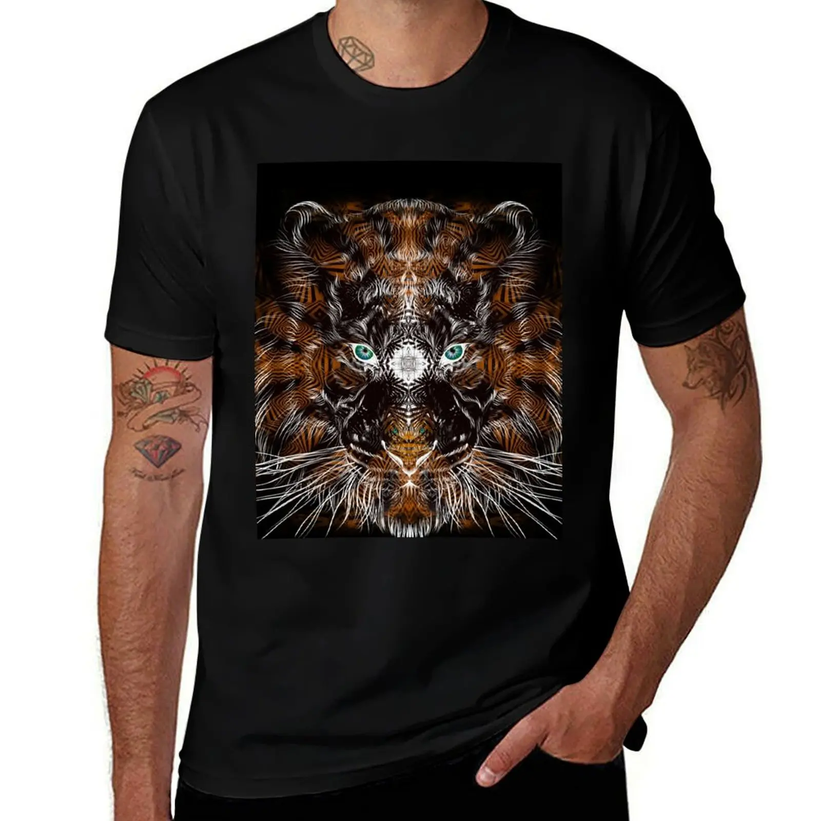 Primal Tiger Mandala with Turtle face on Nose Optical Illusion Funky Print T-Shirt Trendy Casual Short Sleeve Shirt T-Shirt