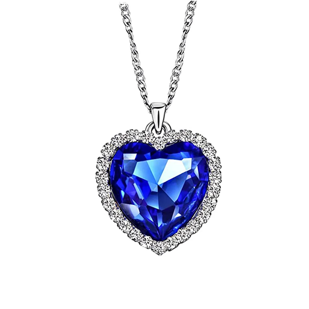 Ocean Heart Shaped Necklace With Blue Crystal Gemstone Pendant For Women Wife Anniversary Valentine Birthday Gift