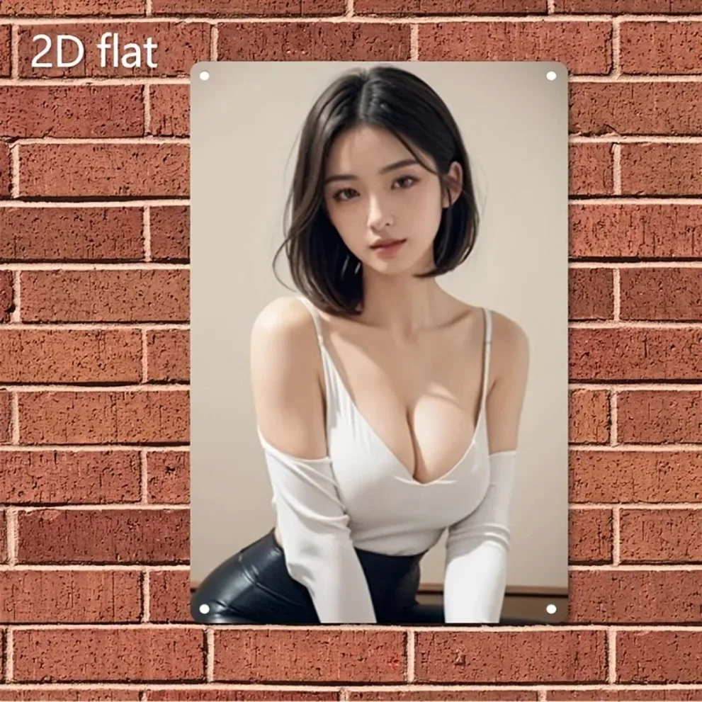 HD Metal Wall Art Asian Short Hair Off Shoulder Top Beauty Pin Up Girl Vintage Metal Tin Sign for Home Bar Decor