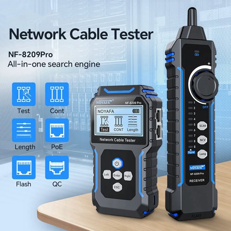 -8209Pro Network Cable Tester Cat5 Cat6 PoE Cable Tracker Tester Detect Length Continuity Test with NCV & Lamp