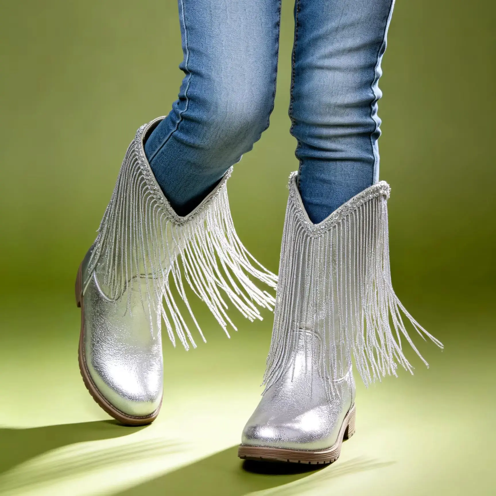 Children's Short Boots, Shiny Silver Tassel Boots, Girls' Tassel Mid-Calf Boots, Versatile Boots for Performances and Photoshoots