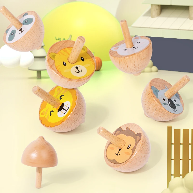 6 pçs de madeira girando topo brinquedos dos desenhos animados infância giroscópio de madeira brinquedos crianças montessori colorido giroscópio presentes de aniversário