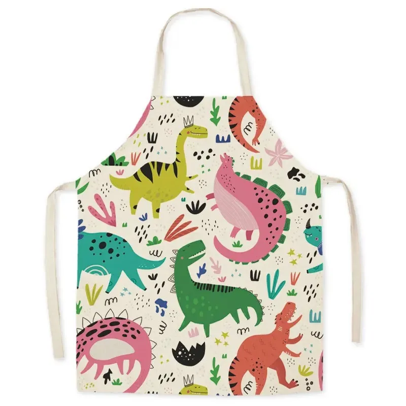 Delantal de dinosaurio de dibujos animados para niños, delantal de cocina de lino, tela suave, babero, accesorios de cocina para adultos y niños