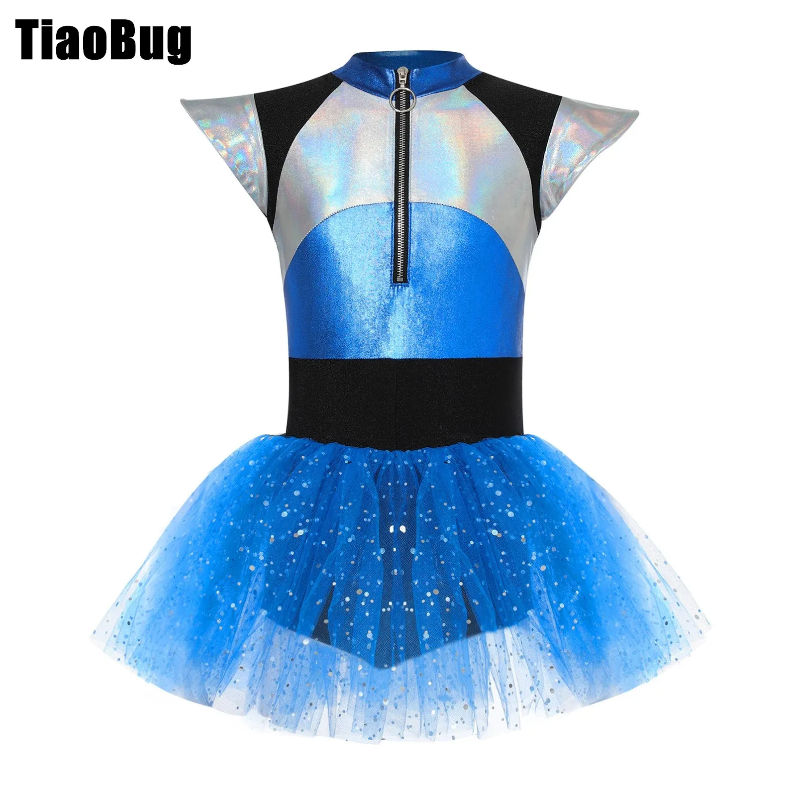 

Kids Girls Alien Tutu Dress Halloween Costume Shiny Spangles Cheerleading Dress Short Sleeve Color Block Cosplay Costume